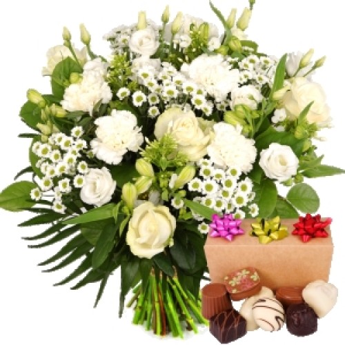 Father's Day white flowers + 300 grams of chocolates (Fathers Day bouquet white + 300 grams of handmade chocolates)